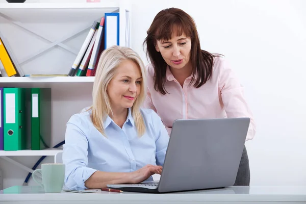 Dwóch menedżerów działa na laptopie w biurze. — Zdjęcie stockowe