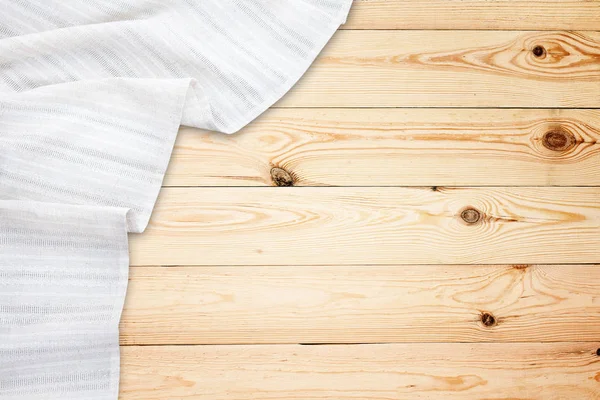 Old vintage wooden table with white tablecloth. Top view mockup. — Stock Photo, Image