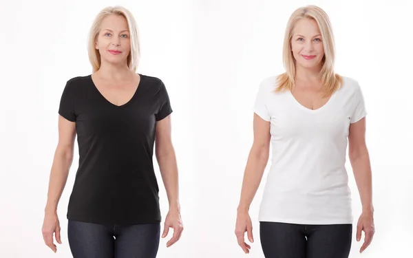 T シャツのデザインや人々 のコンセプト - 空の黒と白 t シャツ、分離されたシャツ前面に女性のクローズ アップ。モックアップします。. — ストック写真