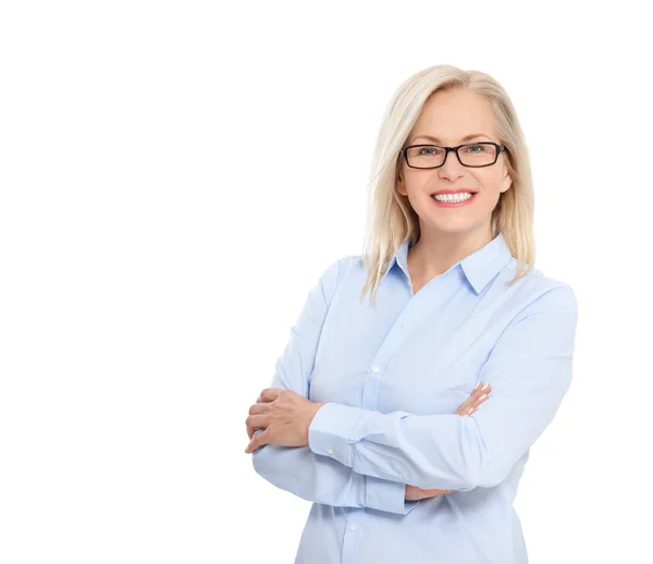 Business woman in glasses and blue shirt isolated on white. Happy pretty women — Stock Photo, Image