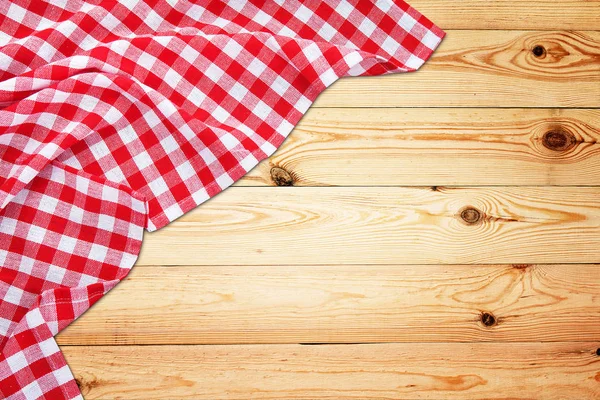 Vintage white wooden table with red checkered tablecloth. Top view mockup. — Stock Photo, Image