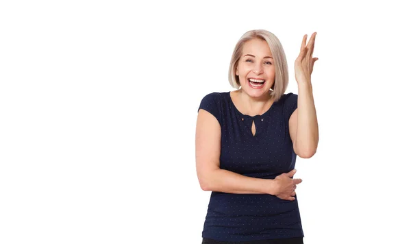 Mujer feliz posando emocionalmente en el estudio. Mujer de mediana edad sobre fondo blanco —  Fotos de Stock