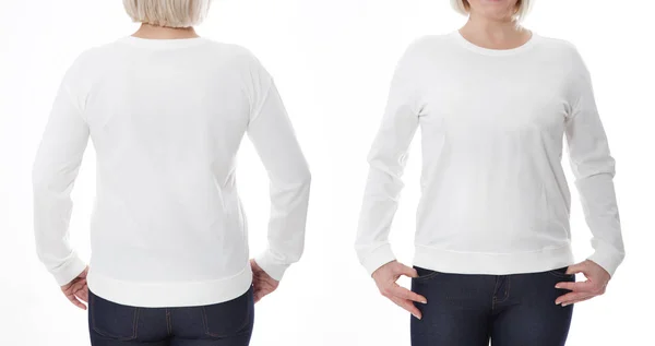 シャツのデザインとファッションのコンセプトです。白いスウェット シャツの前面および背面の女性白パーカー、空白白い背景に分離 — ストック写真