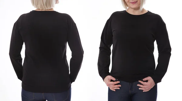 シャツのデザインとファッションのコンセプトです。黒のスエットの前面および背面の女性黒パーカー、空白白い背景に分離 — ストック写真