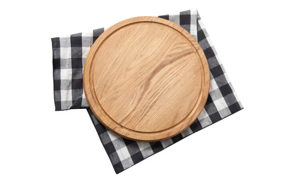 Empty pizza board and tablecloth on wooden deck table with napkin — Stock Photo, Image