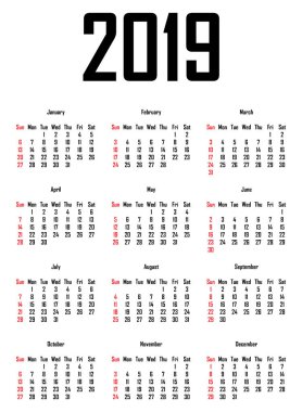 2019 için-Takvim hafta Pazar günü ile başlar