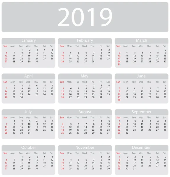 Calendario minimalista 2019 — Archivo Imágenes Vectoriales