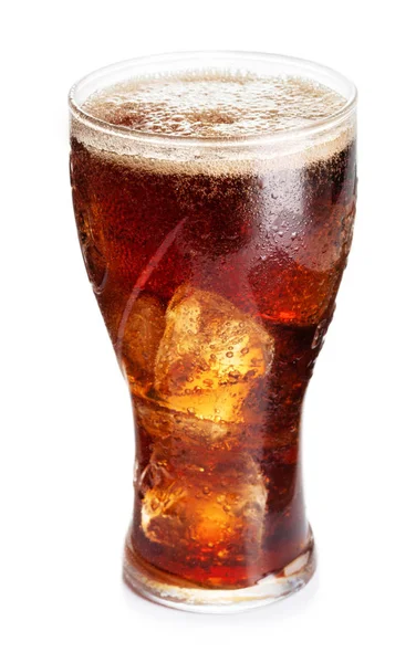 Verre Unique Cola Avec Glaçons Isolés Sur Fond Blanc — Photo