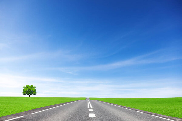 Way, field, tree and sky . Transportation concept