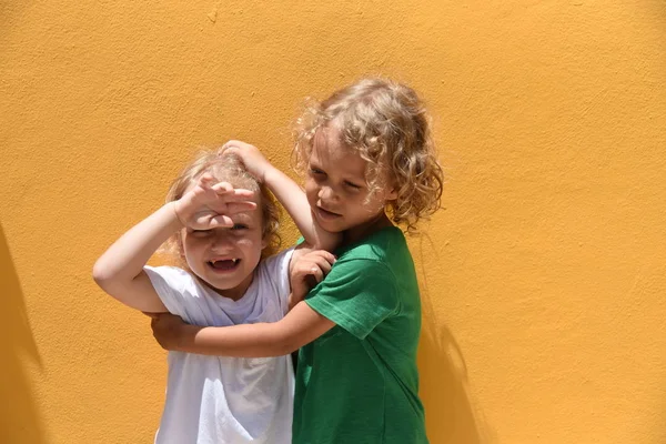 Portrait Two Curly Laughing Brothers Years Old — Stock Photo, Image