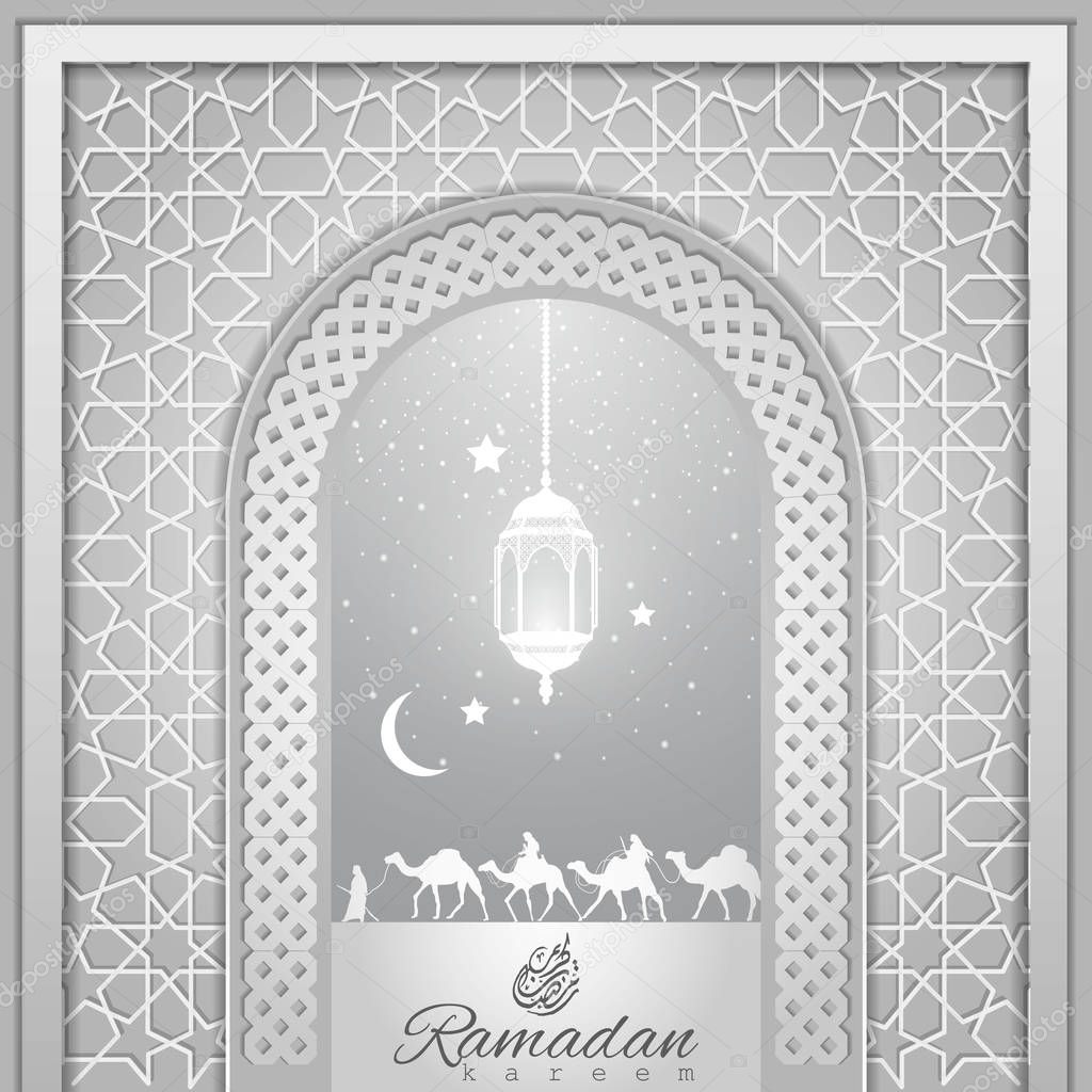 Ramadan Kareem with greeting line pattern, arabic calligraphy, lantern, crescent and arabian traveller on camel for greeting card, banner and background. translation of text : Blessed Festival