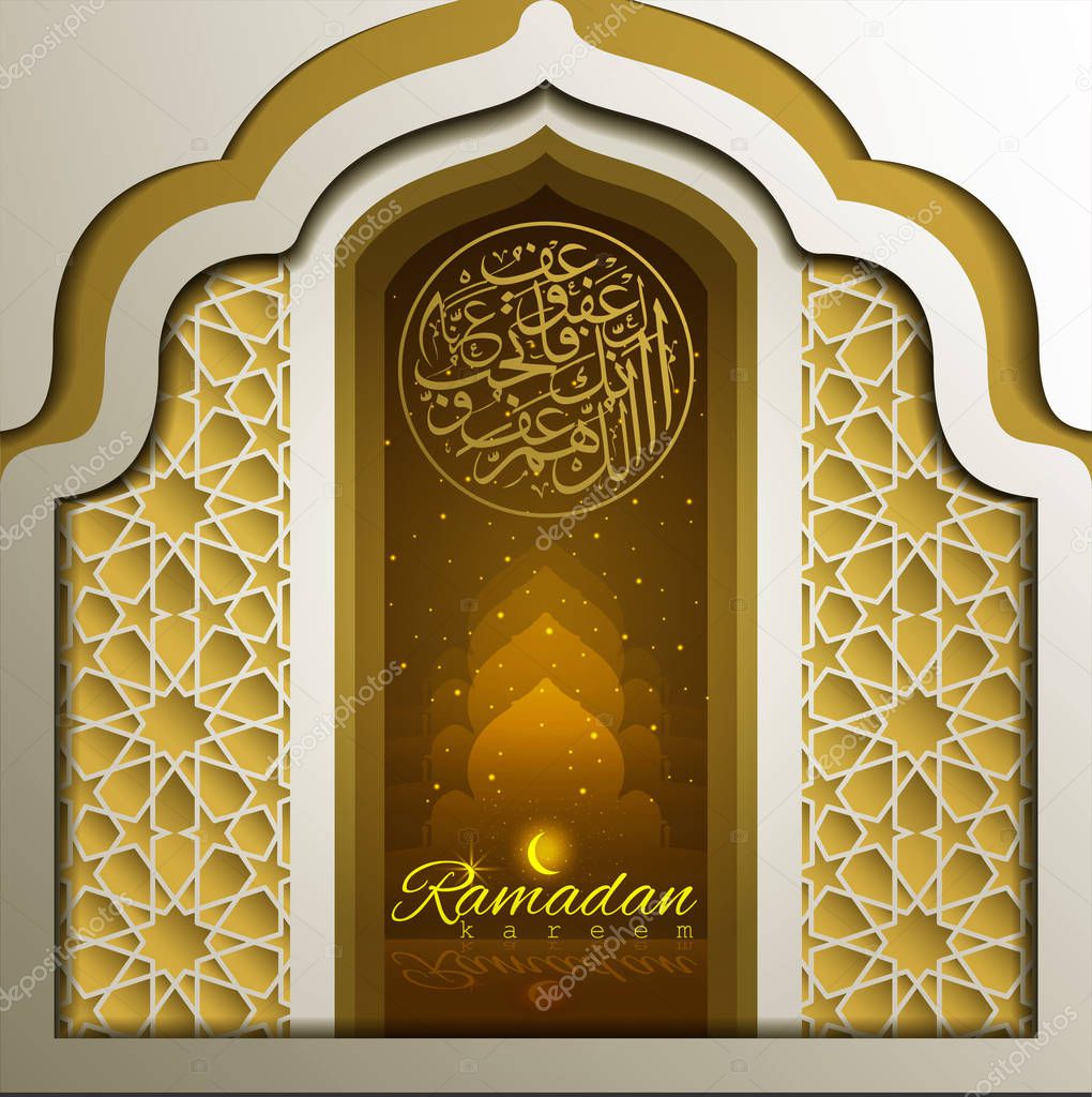 Ramadan Kareem with beautiful greeting line pattern glowing arabic calligraphy and beautiful mosque for background  greeting card. translation of text : May Generosity Bless you during the holy month