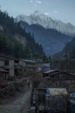 İki yürüyüşçü Nepal dağ köyünde yürüyor, Annapurna pisti, Himalaya, Nepal, Asya