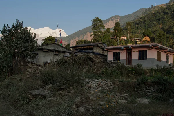 日落时穿越尼泊尔Annapurna环路的小荨麻山村 — 图库照片