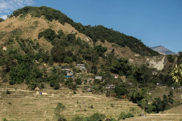 Pueblo Junto Campos Arroz Una Ladera Circuito Annapurna Nepal —  Fotos de Stock