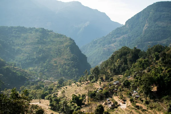 Vista Sobre Cabañas Campos Arroz Terrazas Circuito Annapurna Nepal —  Fotos de Stock