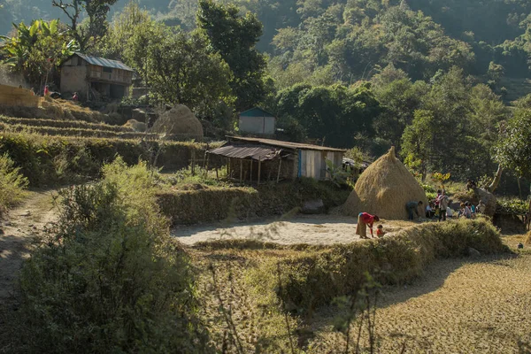 Család Egy Vidéki Gazdaságban Nepalesei Hegyek Annapurna Áramkör — Stock Fotó