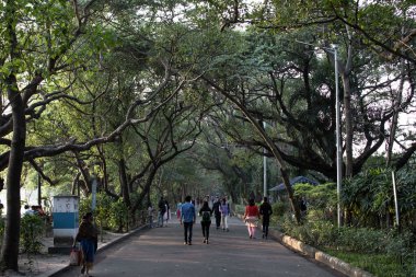 Kolkata, Hindistan - 1 Şubat 2020: Kimliği belirsiz birkaç kişi 1 Şubat 2020 tarihinde Hindistan 'ın Kolkata kentinde Minhaj Gardan parkında yürür.