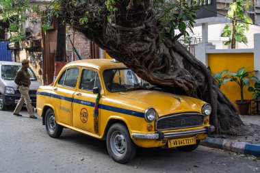 Kolkata, Hindistan - 2 Şubat 2020: 2 Şubat 2020 'de Kolkata, Hindistan' da tuhaf bir ağacın altında park etmiş parlak sarı geleneksel bir taksinin ön görüntüsü