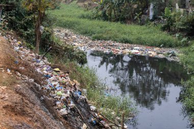 Aşırı gelişmiş bir nehre atılan plastik atık yığınları Bhubaneswar, Hindistan 'daki çevre için kötü.