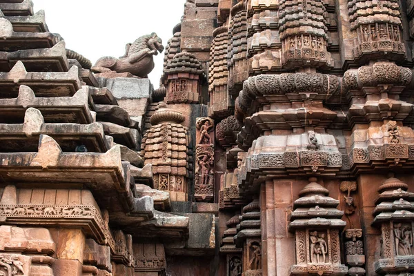 Small Hindu Sculpture Figures Stone Wall Brahmesvara Temple Bhubaneswar Odisha — Stock Photo, Image