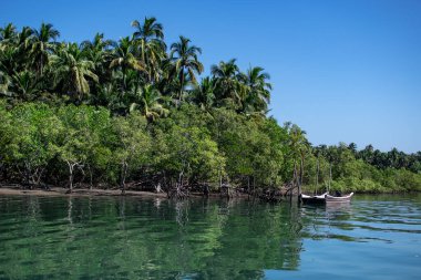 Durgun turkuaz nehirde iki tekne mangrov ağaçları ve temiz gökyüzü, huzur ve sessizlik, Ngwesaung, Myanmar
