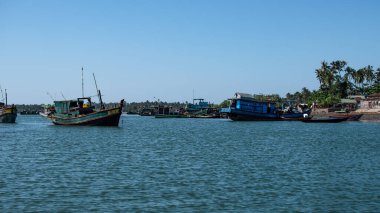 Nehirde birkaç geleneksel ahşap tekne ve balıkçı köyü Chaung Thar, Irrawaggy, batı Myanmar yakınlarındaki palmiye ağaçlarının önünde evler.