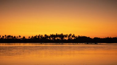 Parlak turuncu bir günbatımı gökyüzü, arka planda palmiye ağacı siluetleri, Ngwesaung, Irrawaddy, batı Myanmar ile sakin okyanusa yansıyor.