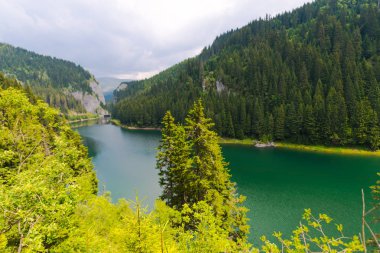 Yemyeşil ağaçlar ve sakin turkuaz Nehri ile yüksek dağları
