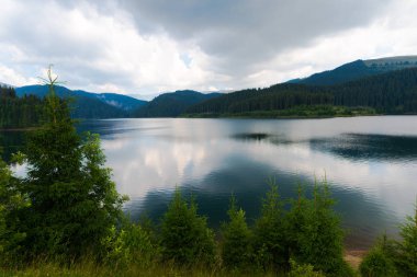 Arka planda yansıma, dağlar ve bulutlu gökyüzü ile gölet.