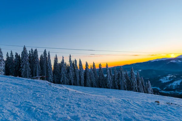 Árboles Cubiertos Nieve Temporada Invierno Cielo Montaña Puesta Sol — Foto de Stock