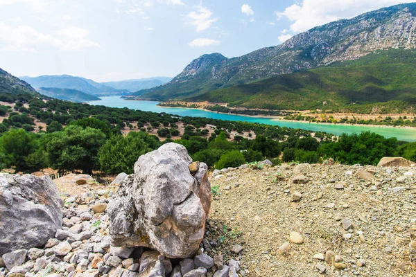 Landscape Mountains Olive Trees Mediterranean Sea Greece — Stock Photo, Image