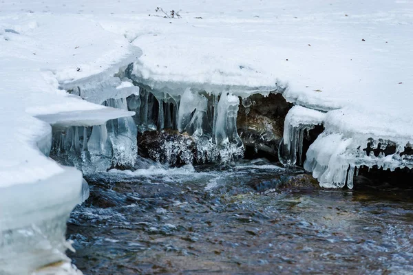 Melting Waterfall Frozen Icicles Green Moss Grass — Stock Photo, Image