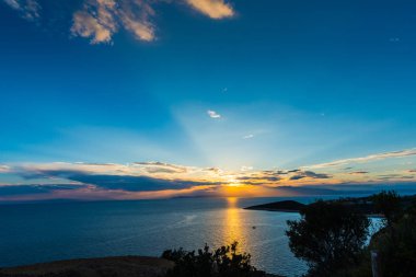 gündoğumu gökyüzü göl su ve büyüyen bitkiler ağaçlar 