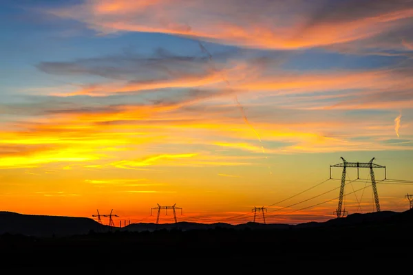 Coucher Soleil Ciel Poteaux Tension Électrique — Photo