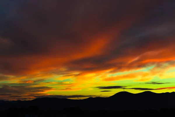 Majestic Orange Green Sunset Sunrise Sky Hills — Stock Photo, Image