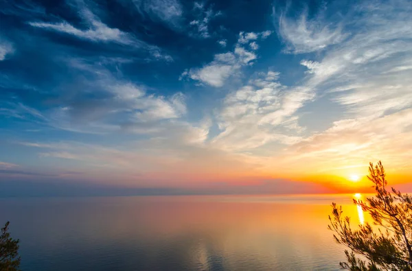 Величественное Небо Заката Над Водой Озера Растущие Деревья — стоковое фото