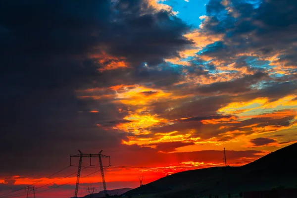 Majestic Orange Sunset Sunrise Sky Transmission Electricity Poles — Stock Photo, Image