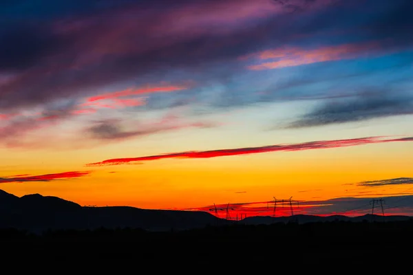 Electric Poles Field Sunset Sky Background — Stock Photo, Image