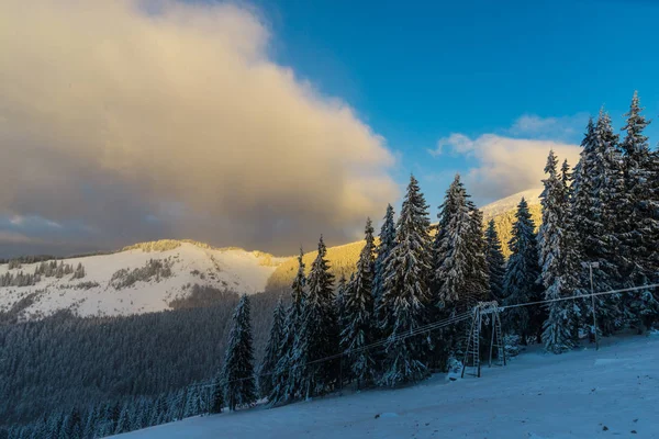 Abetos Cobertos Neve Montanhas Inverno Céu Por Sol — Fotografia de Stock