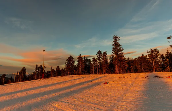 Abend Sonnenuntergang Himmel Schneebedeckten Bergen Mit Bäumen — Stockfoto