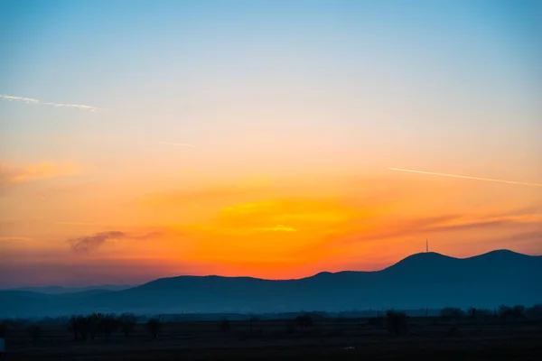 Champ Crépuscule Avec Ciel Nuageux Fond Naturel — Photo