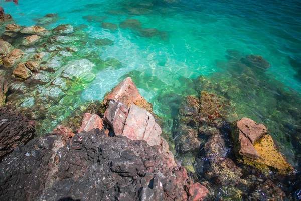 Turquoise seashore with rocks, natural background.