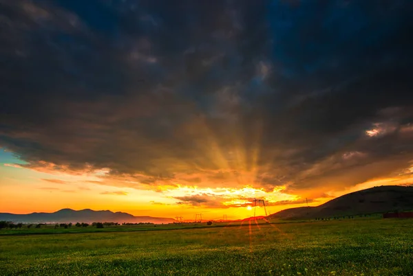 Céu Por Sol Prado Grama Verde — Fotografia de Stock