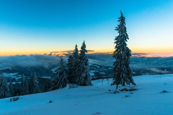 Západu Slunce Obloze Večer Zimní Zasněžené Hory Krajina Jehličnatými Stromy — Stock fotografie