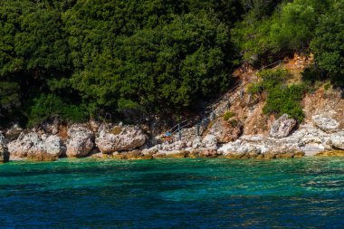 Yemyeşil ağaçlar ve çalılar, Yunanistan ile deniz Akdeniz sahil.