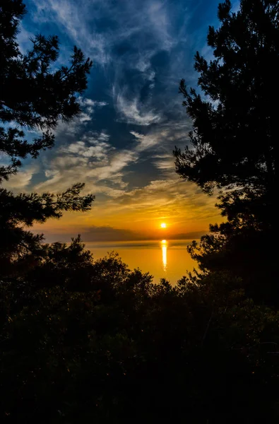 Coucher Soleil Ciel Dessus Lac Des Arbres Croissance Sur Île — Photo