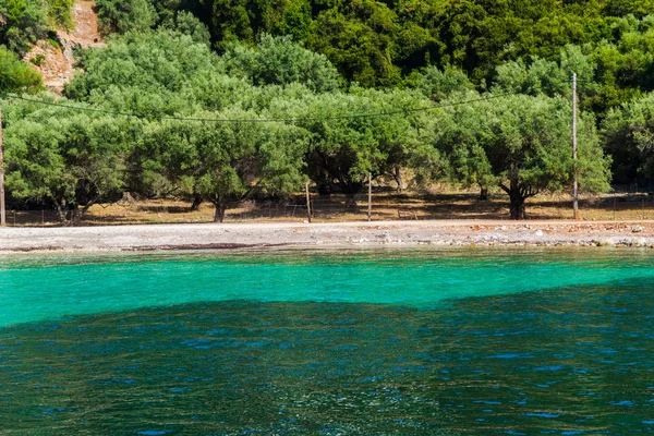 Côte Mer Méditerranée Avec Des Arbres Verts Des Buissons Grèce — Photo