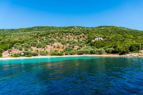 Costa Mediterrâneo Com Árvores Verdes Arbustos Grécia — Fotografia de Stock