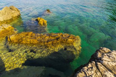 Deniz kıyısı mavi gökyüzü arka plan karşı taşlarla